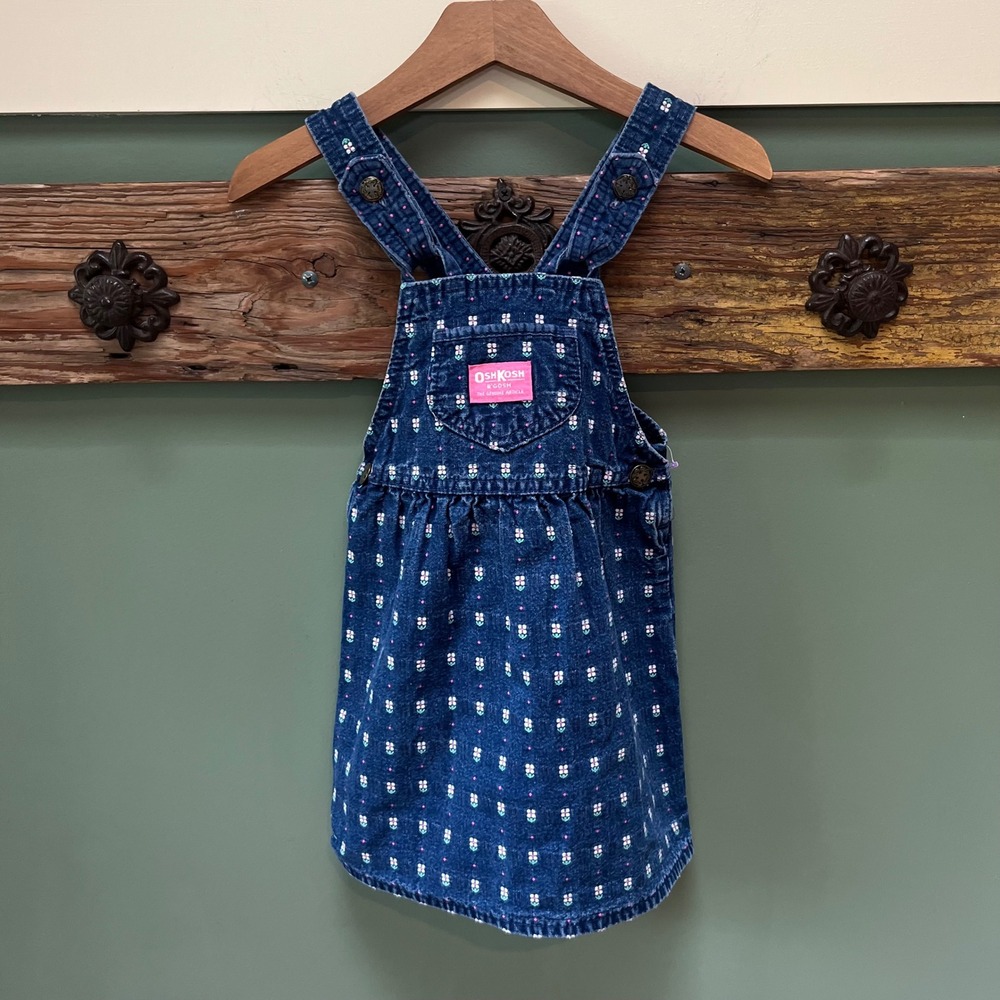Vintage OshKosh Bgosh Girls Blue Denim Floral Embroidered Overall Dress Size 5